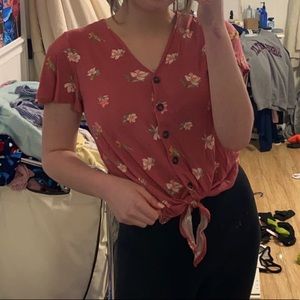 strawberry colored floral button up tee